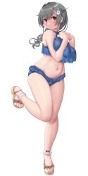 1girl bare_arms bare_legs bare_shoulders barefoot bikini black_hair blue_bikini blush braid closed_mouth dd_(ijigendd) full_body hair_flaps hair_ornament highres jingei_(kancolle) jingei_(swimsuit)_(kancolle) kantai_collection legs long_hair navel red_eyes sandals simple_background single_braid smile solo swimsuit white_background