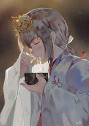 10s 1girl alcohol black_hair club3 female_focus hair_ornament highres japanese_clothes kanzashi kimi_no_na_wa. kuchikamizake long_hair masu miko miyamizu_mitsuha ribbon-trimmed_sleeves ribbon_trim rice sake saliva solo wide_sleeves