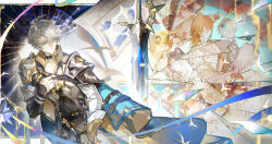 3boys 4girls absurdres aglaea_(honkai:_star_rail) anaxa_(honkai:_star_rail) antenna_hair aqua_hair arm_tattoo armor black_choker black_coat black_gloves black_shirt blonde_hair blue_cape blue_eyes book braid broken_glass cape castorice_(honkai:_star_rail) chest_tattoo chinese_commentary choker cipher_(honkai:_star_rail) coat commentary_request cuts facial_tattoo fingerless_gloves flower glass gloves gold_necklace gradient_hair hair_between_eyes hair_flower hair_ornament highres holding holding_sword holding_weapon honkai:_star_rail honkai_(series) injury iron_hailai jewelry laurel_crown looking_to_the_side male_focus medium_hair multicolored_hair multiple_boys multiple_girls mydei_(honkai:_star_rail) necklace open_book open_clothes open_coat parted_bangs pauldrons phainon_(honkai:_star_rail) purple_hair red_hair red_tattoo shirt short_hair shoulder_armor side_braid single_glove single_pauldron sword tattoo tiara tribbie_(honkai:_star_rail) trinnon_(honkai:_star_rail) weapon white_coat white_hair yellow_blood