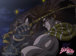 1990s_(style) 1boy anime_coloring bare_shoulders battle_tendency biceps blue_eyes brown_hair colosseum commentary_request electricity fingerless_gloves gloves green_scarf grey_gloves grin hamon headband jojo_no_kimyou_na_bouken joseph_joestar joseph_joestar_(young) logo looking_back male_focus messy_hair multicolored_scarf muscular muscular_male night official_style parody retro_artstyle scarf screegdbz signature sky smile solo spanish_commentary spiked_hair striped_clothes striped_scarf style_parody triangle_print white_scarf
