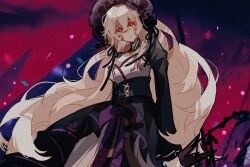 1girl aislan black_corset black_dress black_ribbon blonde_hair bonnet breasts cleavage closed_mouth corset dress dulcinea_(project_moon) frilled_bonnet frills large_breasts limbus_company long_hair looking_at_viewer outdoors project_moon purple_bonnet red_background red_eyes ribbon sidelocks simple_background solo standing upper_body very_long_hair