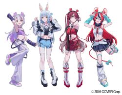 Rule 34 | 4girls, :d, alternate costume, animal ears, aqua arm warmers, arm up, arm warmers, bell-bottoms, belt, black belt, black camisole, black skirt, black streaks, blue eyes, blue shorts, blunt bangs, boots, camisole, closed mouth, copyright name, crop top, cropped jacket, detached collar, dot mouth, double-parted bangs, double v, fishnet pantyhose, fishnets, grey hair, hair between eyes, hakos baelz, hand up, headphones, heart hairband, heterochromia, highres, hololive, hololive english, honeyworks, houshou marine, jacket, knee boots, layered skirt, leg warmers, long hair, looking at viewer, mouse ears, mouse girl, mouse tail, multicolored hair, multicolored jacket, multiple girls, murasaki shion, navel, official art, open mouth, orange eyes, pants, pantyhose, parted bangs, pleated skirt, purple arm warmers, purple camisole, purple shoes, purple streaks, rabbit ears, rabbit girl, red belt, red eyes, red hair, red skirt, red tube top, ribbon, ritao kamo, shirt, shoes, shorts, simple background, single sleeve, single sleeve past wrist, skirt, smile, straight-on, strapless, streaked hair, suspenders hanging, tail, tail ornament, tail ribbon, teeth, thigh strap, tube top, two-tone jacket, upper teeth only, usada pekora, v, virtual youtuber, white background, white boots, white leg warmers, white shirt, white shoes, white streaks, yellow eyes, zozotown