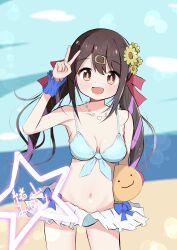 1girl :d absurdres bare_arms bare_shoulders beach bikini bikini_skirt black_hair blue_bikini blue_scrunchie breasts brown_eyes c: character_name commentary day flower front-tie_bikini_top front-tie_top hair_between_eyes hair_flower hair_ornament hair_ribbon hanagerennketude-monn highres jewelry long_hair low_twintails medium_breasts multicolored_hair navel necklace onii-chan_wa_oshimai! open_mouth outdoors oyama_mihari purple_hair red_ribbon ribbon scrunchie smile solo star_(symbol) stomach swimsuit translated twintails two-tone_hair v wrist_scrunchie