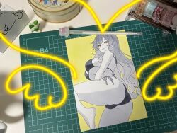 Rule 34 | 1girl, art tools in frame, ass, back, barefoot, bikini, breasts, cameltoe, from above, from behind, gradient hair, greyscale with colored background, highres, hijiri byakuren, large breasts, long hair, median furrow, multicolored hair, simple background, smile, solo, spot color, swimsuit, thick thighs, thighs, touhou, tumugihikari, underboob, yellow background, yellow eyes
