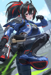 1girl absurdres ahoge black_gloves black_hair breasts brown_eyes city cloud collared_shirt gloves green_necktie gun handgun highres holding jacket long_hair lower_teeth_only medium_breasts metal_hairband necktie open_mouth police police_uniform policewoman ponytail red_hair shirt sidelocks sky standing sthk teeth tongue vest weapon white_shirt zenless_zone_zero zhu_yuan