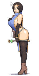 1girl ankle_boots bag blue_tabard bob_cut boots breasts brown_boots brown_gloves brown_hair brown_thighhighs dyun elbow_gloves from_side glasses gloves hand_up high_heel_boots high_heels highres holding holding_staff large_breasts legs_together looking_at_viewer naked_tabard open_mouth original parted_lips rope round_eyewear short_hair shoulder_bag sideboob simple_background solo staff tabard thighhighs white_background wide-eyed
