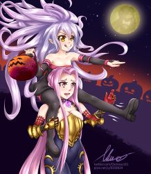 1boy 2girls absurdres armor bare_shoulders black_bodysuit blush bodystocking bodysuit boots breastplate breasts cleavage cosplay costume_switch crossover elbow_gloves facial_hair fate/grand_order fate/stay_night fate_(series) gauntlets gloves granblue_fantasy hair_between_eyes halloween headband headpiece highres large_breasts light_purple_hair long_hair matching_hair/eyes medusa_(fate) medusa_(rider)_(fate) medusa_(rider)_(fate)_(cosplay) medusa_(shingeki_no_bahamut) metal_gear_(series) metal_gear_solid moon multiple_girls name_connection night night_sky nueos open_mouth pixiv_username pointy_ears purple_eyes purple_hair red_gloves shadowverse shingeki_no_bahamut signature sky sleeveless small_breasts smile snake_hair solid_snake star_(symbol) tail thigh_boots thighhighs twitter_username very_long_hair watermark web_address yellow_eyes