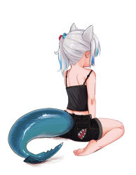 Rule 34 | 1girl, animal ear fluff, animal ears, bare arms, bare legs, barefoot, black camisole, black shorts, blue hair, blue tail, camisole, cat ears, crop top, cube hair ornament, feet, fins, fish tail, from behind, full body, gawr gura, hair ornament, hololive, medium hair, midriff peek, multicolored hair, raedrobart, shark tail, short shorts, shorts, shoulder blades, side ponytail, simple background, sitting, soles, solo, spaghetti strap, strap slip, streaked hair, tail, toes, virtual youtuber, wariza, white background, white hair
