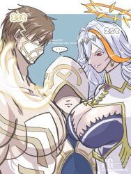 ... 1boy 1girl 1other asan5528 baldr_(fire_emblem_heroes) bluesky_username breasts brown_hair cleavage commentary_request eikthyrnir_(fire_emblem) fire_emblem fire_emblem_heroes halo heterochromia highres hood hood_up huge_pectorals kiran_(fire_emblem) large_breasts long_hair mask mouth_mask multicolored_hair muscular muscular_male nintendo orange_hair pectorals red_eyes short_hair streaked_hair twitter_username two-tone_hair watermark white_hair yellow_eyes