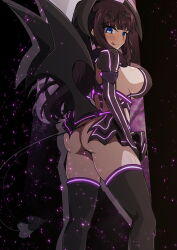 Rule 34 | 1girl, :q, absurdres, aoi tabane, ass, black background, black gloves, black skirt, black thighhighs, black wings, blue eyes, blunt bangs, blush, breasts, bright pupils, brown hair, closed mouth, commission, corruption, cosplay, dark persona, demon girl, demon horns, demon tail, demon wings, elbow gloves, fake wings, feet out of frame, from behind, gloves, hair ornament, head wings, highres, horns, juliet sleeves, kouyoku senki exs-tia, large breasts, leotard, liberator (exs-tia), liberator azarin (exs-tia), liberator azarin (exs-tia) (cosplay), licking lips, light particles, long hair, long sleeves, looking at viewer, looking back, low wings, microskirt, miniskirt, new game!, official alternate costume, pixiv commission, ponytail, puffy sleeves, purple hair, purple trim, revealing clothes, shrug (clothing), sideboob, sidelocks, skirt, smile, solo, spotlight, standing, tail, takimoto hifumi, thighhighs, thighs, thong, tiara, tongue, tongue out, variant set, white pupils, wings