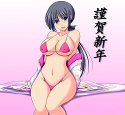 1girl bikini black_hair blush breasts cleavage covered_erect_nipples curvy futami_masaki grey_eyes highleg highleg_bikini highres japanese_clothes kimono large_breasts navel nipples original simple_background sitting smile string_bikini swimsuit