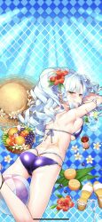 1girl :d apple armpits ass back ball bare_arms bare_legs bare_shoulders barefoot basket beach beachball bikini blush breasts butt_crack cherry cup day dimples_of_venus drill_hair drink drinking_glass drinking_straw dutch_angle earrings fingernails flower food from_above from_behind fruit giuniu grapes hair_between_eyes hair_flower hair_ornament hat hibiscus highres jewelry large_breasts lemon long_hair looking_at_viewer looking_back lying medium_breasts melon mouth_hold nail_polish on_stomach open_mouth orange_(fruit) orange_slice outdoors parted_lips petals purple_bikini queen_mary_(uchihime) red_flower ribbon see-through_clothes shoulder_blades sideboob skindentation sky smile solo straw_hat string_bikini sunglasses swimsuit thighs tropical_drink uchi_no_hime-sama_ga_ichiban_kawaii water white_hair yellow_eyes