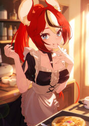 1girl :p absurdres alternate_costume alternate_hairstyle animal_ear_fluff animal_ears apron between_breasts black_dress black_hair blue_eyes breasts cleavage closed_mouth cup dress enmaided food food_on_face frilled_apron frills hakos_baelz highres hololive hololive_english indoors jiang_ye_kiri kitchen lens_flare long_hair looking_at_viewer low-cut maid maid_apron medium_breasts mouse_ears mouse_girl mouse_tail multicolored_hair o-ring ponytail red_hair short_sleeves smile solo streaked_hair tail tongue tongue_out virtual_youtuber white_apron white_hair