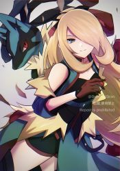 Rule 34 | 0roshioji3ran, 1girl, bare shoulders, black ribbon, blonde hair, brown gloves, closed mouth, commentary request, cynthia (pokemon), cynthia (sygna suit) (aura) (pokemon), gen 4 pokemon, gloves, grey background, grey eyes, hair over one eye, hair ribbon, hand up, highres, holding, holding poke ball, long hair, lucario, mega lucario, mega pokemon, nintendo, official alternate costume, poke ball, poke ball (basic), pokemon, pokemon (creature), pokemon masters ex, ribbon, smile, twitter username, very long hair, watermark