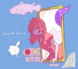 1000-nen_ikiteru_(vocaloid) 1girl blue_background breasts choker colored_skin dress elbow_gloves fish floating_hair flying_fish gloves glowing glowing_eyes iki_(iyowa) iyowa_girls leaning_forward long_hair looking_at_viewer looking_to_the_side parted_lips pink_choker pink_dress pink_eyes pink_hair princess purple_skin ri_pi_o simple_background small_breasts solo song_name tentacles through_medium through_painting tiara traffic_light white_gloves