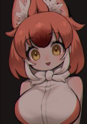 1girl absurdres animal_ear_fluff animal_ears black_background blouse breasts brown_eyes brown_hair chromatic_aberration dhole_(kemono_friends) highres kemono_friends large_breasts looking_at_viewer notora shirt short_hair simple_background sleeveless sleeveless_shirt smile solo