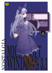 1girl 3.1-tan absurdres alt_text black_cat boots bow bowtie brown_boots cat commentary dos_cat dress english_commentary gothic_lolita grey_hair hair_bow highres juliet_sleeves lolita_fashion long_hair long_sleeves microsoft_windows os-tan pantyhose puffy_sleeves purple_bow purple_bowtie purple_dress red_eyes solo teku-a-fool window_(computing) windows_3.x