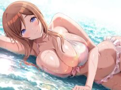 1girl bare_shoulders bikini blue_eyes blush breasts brown_hair cleavage closed_mouth collarbone frilled_bikini frills front-tie_bikini_top front-tie_top gakuen_idolmaster himesaki_rinami huge_breasts idolmaster kasumi_seiki long_hair looking_at_viewer lying navel on_side outdoors partially_submerged pink_bikini revision smile solo swimsuit water wet wet_hair