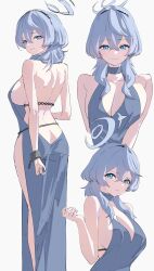 absurdres ako_(blue_archive) ako_(dress)_(blue_archive) backless_dress backless_outfit blue_archive blue_dress blue_hair blue_halo breasts cuffs dress evening_gown halo highres katagiri_nanoka official_alternate_costume plunging_neckline shackles sideboob sideless_dress single_handcuff sleeveless