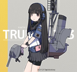 Rule 34 | 1girl, adapted turret, alternate costume, bike shorts, black hair, black sailor collar, black skirt, blue neckerchief, blunt bangs, brown eyes, cannon, fanny pack, grey background, hatsuyuki (kancolle), headphones, headset, highres, kantai collection, machinery, microphone, neckerchief, original remodel (kantai collection), pleated skirt, sailor collar, sailor shirt, shikishima fugen, ship turret, shirt, shorts, shorts under skirt, simple background, skirt, solo, watch, white shirt, wristwatch