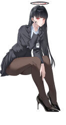 1girl arme_(pixiv_41362141) black_hair black_jacket black_pantyhose black_shoes black_skirt blazer blue_archive blush commentary english_commentary halo high_heels highres jacket long_hair looking_at_viewer pantyhose pleated_skirt red_eyes ribbed_sweater ringed_eyes rio_(blue_archive) shoes simple_background sitting skirt solo sweater turtleneck turtleneck_sweater white_background white_sweater