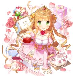 1girl birthday_cake blonde_hair blunt_bangs box breasts cake cleavage dress flower food fork gift gift_box gold_tiara green_eyes holding holding_fork lina_princella long_hair off-shoulder_dress off_shoulder pantyhose pink_dress pink_flower pink_rose red_shoes rose salt_(salty) shoes uchi_no_hime-sama_ga_ichiban_kawaii very_long_hair white_pantyhose