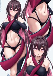 1girl absurdres alternate_breast_size armanditto asymmetrical_sidelocks azki_(1st_costume)_(hololive) azki_(4th_costume)_(hololive) azki_(hololive) bikini black_bikini black_gloves black_tube_top breasts brown_hair colored_inner_hair commentary contrapposto curvy detached_sleeves double-parted_bangs dress elbow_gloves english_commentary gloves groin hair_between_eyes hair_ornament hairclip hand_on_own_cheek hand_on_own_face highres hololive large_breasts linea_alba long_hair looking_at_viewer midriff multi-strapped_bikini_bottom multicolored_hair multiple_views navel no_wrist_cuffs paid_reward_available pink_hair purple_eyes red_dress red_sleeves revealing_clothes self_cosplay signature single_detached_sleeve single_thighhigh smile solo strapless streaked_hair swimsuit thighhighs toned toned_female tube_top tug twitter_username very_long_hair virtual_youtuber white_hair wide_hips