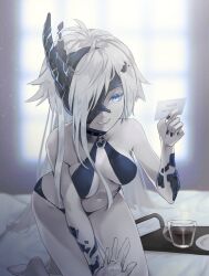 Rule 34 | 1girl, abyssal ship, asymmetrical hair, barefoot, bed, black nails, blue eyes, breasts, choker, commission, heart lock (kantai collection), highres, horns, jewelry, kantai collection, long hair, marriage proposal, ne-class heavy cruiser, pale skin, ring, ruohire9, single horn, skeb commission, smile, solo, swimsuit, white hair