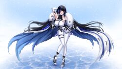 1girl absurdres azur_lane bare_shoulders breasts chain coat cosplay elbow_gloves full_body fur-trimmed_coat fur_trim gloves hair_ornament highres ice large_breasts long_hair moovalandi original pants poltava_(azur_lane) poltava_(azur_lane)_(cosplay) shirt snow thigh_strap white_pants white_shirt