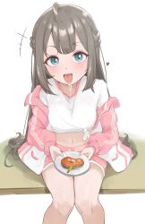 1girl absurdres ahoge blue_eyes blush braid commission grey_hair highres holding holding_plate looking_at_viewer mawe127 midriff navel original plate saliva saliva_trail shirt short_shorts shorts simple_background sitting smile solo suggestive_fluid tied_shirt tongue tongue_out white_background white_shirt