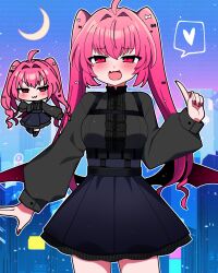 1girl :d absurdres ahoge black_shirt blue_skirt blush chibi chibi_inset commentary_request cowboy_shot crescent_moon fang hand_up heart highres index_finger_raised long_hair long_sleeves looking_at_viewer moon nail_polish open_mouth original outline pink_hair red_eyes red_nails shirt skin_fang skirt smile twintails white_outline you_(noanoamoemoe)