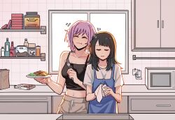 2girls apron bang_dream! bang_dream!_it&#039;s_mygo!!!!! black_camisole blue_apron book camisole closed_eyes closed_mouth fork grey_pants heads_together highres holding holding_fork holding_plate holding_towel kitchen microwave multiple_girls pants parted_lips plate purple_hair shirt short_hair short_sleeves tile_wall tiles towel whey_protein_powder white_shirt window xiaowu0074 yahata_umiri yuutenji_nyamu