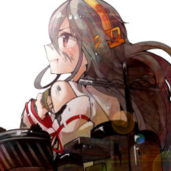 1girl anti-aircraft anti-aircraft_gun back bare_shoulders black_hair blood blood_in_mouth brown_eyes camouflage cannon damaged detached_sleeves hair_ornament hairband hairclip haruna_(kancolle) itomugi-kun japanese_clothes kantai_collection long_hair nontraditional_miko ship_turret solo sunlight