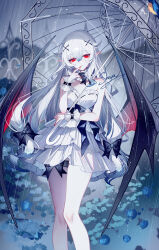 1girl bare_arms bare_legs bare_shoulders dress feet_out_of_frame hair_ornament head_tilt highres holding holding_umbrella long_hair looking_at_viewer original outdoors pointy_ears red_eyes sheya solo standing strapless strapless_dress umbrella very_long_hair white_dress white_hair wings x_hair_ornament