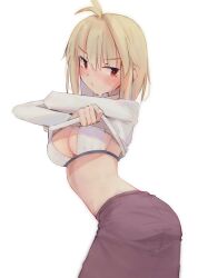 1girl absurdres arcueid_brunestud blonde_hair blush bra breasts cleavage clothes_lift deko_morii highres large_breasts long_sleeves looking_at_viewer medium_breasts purple_skirt red_eyes shirt short_hair skirt solo tsukihime underwear white_bra white_shirt