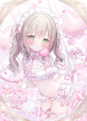 1girl animal_ear_fluff animal_ears blush bow bow_panties bra breasts brown_hair cat_ears cat_girl cat_tail commentary_request green_eyes highres leaning_forward leash long_hair looking_at_viewer maid_headdress navel omochi_monaka original panties ribbon small_breasts solo stomach stomach_day tail thighs twintails underwear underwear_only white_bra white_panties