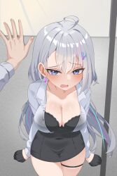 1girl 1other absurdres against_wall ahoge blue_eyes blush bra breasts cleavage commentary commission ear_piercing ember_amane english_commentary gloves grey_hair hair_ornament hakimen hand_on_wall highres kabedon large_breasts long_hair looking_at_viewer mole mole_on_breast mole_under_eye multicolored_hair open_mouth phase_connect piercing pink_hair plaid_bra plaid_clothes second-party_source solo_focus streaked_hair underwear virtual_youtuber