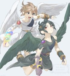 2boys ahoge angel angel_wings black_hair blue_eyes brown_hair dark_pit grey_background highres kid_icarus kid_icarus_uprising laurel_crown male_focus midnight_palm_(kid_icarus) multiple_boys nintendo pit_(kid_icarus) red_eyes siblings simple_background twins violet_palm_(kid_icarus) watermark wings yuuri_snpr