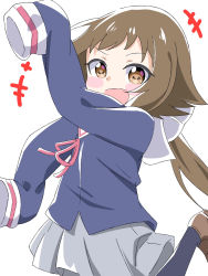 Rule 34 | +++, 1girl, arm up, black pantyhose, blue shirt, brown eyes, brown hair, brown shoes, commentary request, grey skirt, highres, kapuru 0410, loafers, long hair, long sleeves, looking at viewer, low ponytail, mikakunin de shinkoukei, mitsumine mashiro, neck ribbon, pantyhose, pink ribbon, pleated skirt, ponytail, ribbon, school uniform, shirt, shoes, simple background, skirt, sleeves past fingers, sleeves past wrists, solo, standing, standing on one leg, very long hair, white background