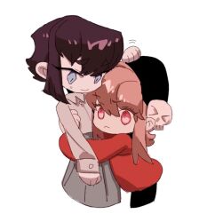 &gt;_&lt; 2girls beanie black_hair black_pants blue_eyes blue_skirt buttons dress_shirt frown hat headpat hug jakuzure_nonon kill_la_kill kiryuuin_satsuki multiple_girls pants pink_eyes pink_hair red_shirt shirt short_hair skirt skull_ornament smile supertr37539983 white_background white_shirt