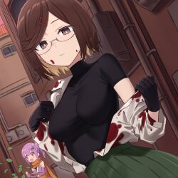 Rule 34 | 2girls, blood, blood on clothes, blood stain, breasts, brown eyes, brown hair, daifuku (tkja3555), day, fingerless gloves, glasses, gloves, hair ornament, hairclip, koga konoha, kusagakure satoko, large breasts, leaf, long hair, looking at viewer, multiple girls, ninja, ninja to koroshiya no futarigurashi, open mouth, orange eyes, outdoors, purple hair, scarf, serious, short hair, skirt, smile, solo focus, undressing
