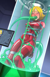 1girl arms_behind_back bdsm blonde_hair blue_eyes blush bodysuit bondage bound breasts closed_eyes clover_(totally_spies) covered_in_slime fellatio highres impossible_bodysuit impossible_clothes large_breasts metal_belt nose_blush oral red_bodysuit restrained shio-bari short_hair simulated_fellatio slime_(creature) slime_(substance) solo stasis_tank stationary_restraints totally_spies whoop_catsuit