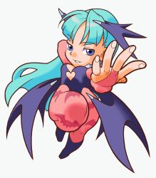1girl animal_print aqua_hair arm_behind_head bare_shoulders bat_print bat_wings blue_eyes breasts bridal_gauntlets chibi cleavage clothing_cutout darkstalkers fur-trimmed_leotard fur_trim game_cg grin half-closed_eyes head_wings heart_cutout highleg highleg_leotard highres knee_up leotard long_hair looking_at_viewer maeda_shima morrigan_aensland non-web_source off-shoulder_leotard official_art outstretched_hand pantyhose pocket_fighter print_pantyhose purple_pantyhose purple_wings simple_background smile solo white_background wings