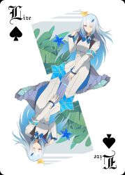 1girl armband bird blue_armband blue_flower blue_hair blue_neckerchief blunt_bangs breasts buttons card card_(medium) character_name closed_mouth collared_shrug commentary double-breasted flower gradient_hair hair_ornament hand_up high-waist_skirt highres holding layered_skirt lize_helesta lize_helesta_(1st_costume) long_hair long_sleeves looking_at_viewer monocle multicolored_hair multiple_views neckerchief nijisanji one_eye_closed plant playing_card pleated_skirt purple_eyes purple_skirt ribbed_shirt rotational_symmetry sebastian_piyodore seelean shirt shrug_(clothing) sidelocks skirt small_breasts smile spade_(shape) split_mouth two-tone_hair very_long_hair virtual_youtuber white_background white_hair white_shirt white_shrug white_skirt yellow_bird