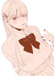 1girl blush bow bowtie breast_pocket breasts closed_mouth collared_shirt commentary_request dress_shirt dutch_angle goshiki_suzu hair_ornament hair_over_breasts hairclip hairpin hand_up highres large_breasts long_hair long_sleeves looking_at_viewer monochrome nail_polish original pleated_skirt pocket school_uniform shirt shirt_tucked_in simple_background skirt solo upper_body white_background
