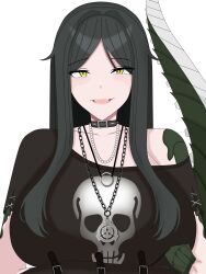 Rule 34 | 1girl, absurdres, belt, black belt, black choker, black gloves, black hair, black shirt, breasts, choker, collarbone, crop top, gloves, goth fashion, highres, humanization, jewelry, large breasts, lizard tail, long hair, looking at viewer, monster girl, necklace, open mouth, reptile girl, reptilia queen, scales, scp-682, scp foundation, shirt, simple background, single bare shoulder, single off shoulder, smile, solo, spiked choker, spikes, tail, torn clothes, very long hair, white background, yellow eyes