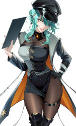 1girl aqua_eyes aqua_hair black_gloves black_hat breasts brown_pantyhose clipboard commentary_request cowboy_shot fingernails gloves hair_between_eyes hair_over_one_eye hand_on_own_hip hat highres holding holding_clipboard large_breasts looking_ahead looking_at_viewer nightingale_(path_to_nowhere) pantyhose parted_lips path_to_nowhere sidelocks simple_background single_glove solo standing thighs toho10min white_background