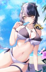1girl absurdres arm_strap beach bikini black_bikini black_hair black_nails blue_sky breasts cleavage cloud commentary creature creature_on_shoulder day english_commentary flower food food_in_mouth front-tie_bikini_top front-tie_top gluteal_fold grey_bikini grey_hair higeji_(higeji404) highleg highleg_bikini highres holding holding_food holding_popsicle hololive hololive_english jewelry large_breasts looking_at_viewer multicolored_bikini multicolored_hair nail_polish navel necklace on_shoulder outdoors ponytail popsicle popsicle_in_mouth shiori_novella side-tie_bikini_bottom sitting sky solo split-color_hair stomach swept_bangs swimsuit two-tone_bikini virtual_youtuber yellow_eyes yokozuwari yorick_(shiori_novella)
