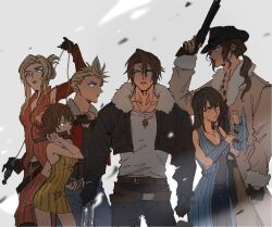 3boys 3girls arm_ribbon arm_warmers belt bike_shorts black_gloves black_hair black_jacket black_pants black_ribbon black_shirt black_shorts blonde_hair blue_arm_warmers blue_cardigan blue_eyes blue_shorts blue_skirt breasts brown_belt brown_eyes brown_gloves brown_hair cardigan chain chain_necklace cleavage coat cowboy_shot cropped_jacket detached_sleeves facial_tattoo fighting_stance final_fantasy final_fantasy_viii fingerless_gloves fur-trimmed_coat fur-trimmed_jacket fur_trim gloves glowing glowing_eyes green_eyes grey_background gunblade hair_between_eyes hair_over_shoulder hair_slicked_back holding holding_nunchaku holding_weapon holding_whip irvine_kinneas jacket jewelry long_hair long_skirt long_sleeves looking_at_viewer loose_belt low_ponytail medium_breasts medium_hair midriff_peek multicolored_hair multiple_belts multiple_boys multiple_girls navel necklace nunchaku orange_skirt orange_vest over_shoulder overalls own_hands_together pants parted_bangs parted_lips ponytail quistis_trepe ribbon ring ring_necklace rinoa_heartilly scar scar_on_face selphie_tilmitt shio_ga shirt short_hair shorts sidelocks skirt sleeveless sleeveless_shirt squall_leonhart streaked_hair tattoo updo vest wavy_hair weapon weapon_over_shoulder white_fur white_shirt yellow_coat yellow_overalls zell_dincht