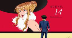 Rule 34 | 1boy, 1girl, absurdres, artist name, bare shoulders, black dress, black hat, blonde hair, blue eyes, blue jacket, blue pants, breasts, collared shirt, cowboy bebop, dress, earrings, green hair, hair between eyes, hair bun, hat, highres, jacket, jewelry, julia (cowboy bebop), looking at another, lucyguusi, medium breasts, meme, open mouth, pants, popped collar, red lips, shirt, short hair, sidelocks, smile, spike spiegel, sun hat, updo, upper body, veil scene 14 redraw (meme), white fur, yellow shirt